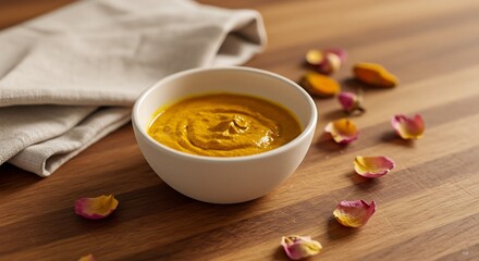 Yellow sauce in white bowl on wooden table with rose petals and folded cloth