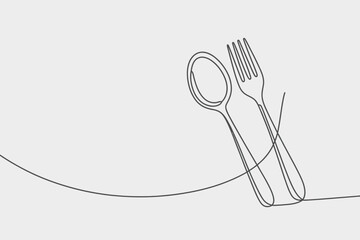 Minimalist continuous line drawing of a spoon and fork on a light background