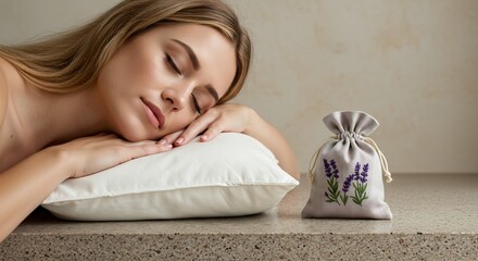 Young woman sleeping on a white pillow next to an embroidered lavender sachet on a textured surface