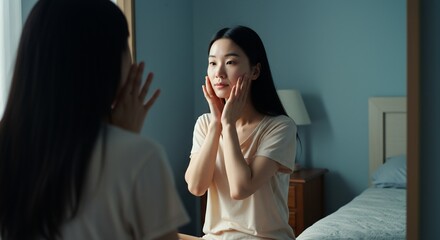 Young woman touching her face while looking into a mirror in a bedroom with blue walls and a bed