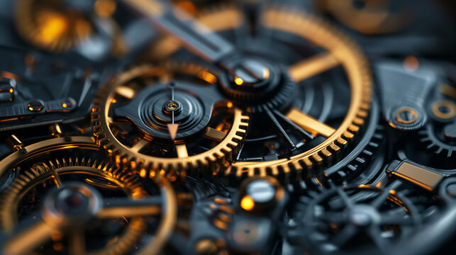 Intricate clockwork mechanism with golden gears and detailed machinery