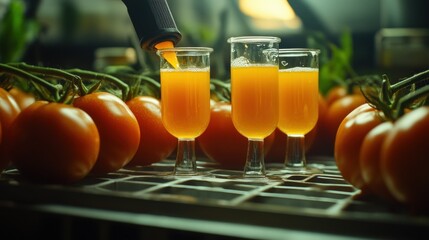 Tomato juice pouring glasses fresh tomatoes