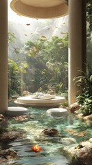 Tranquil indoor pool with lush greenery