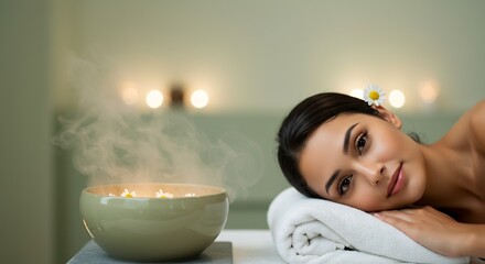 Young woman with daisy lying on towel in spa next to steaming bowl with small flowers