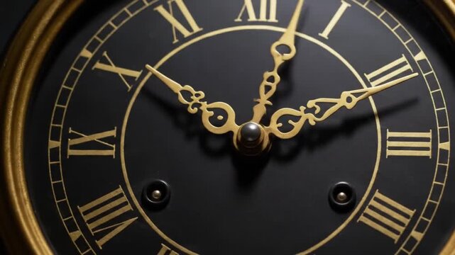 Close up of a black clock face with gold roman numerals and ornate gold hands showing time