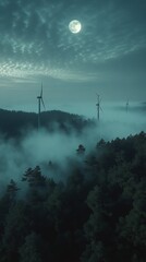 Wind turbines foggy forest night moon