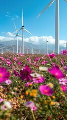 Wind turbines and cosmos flowers field