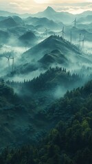 Wind Turbines Green Hills Foggy Landscape