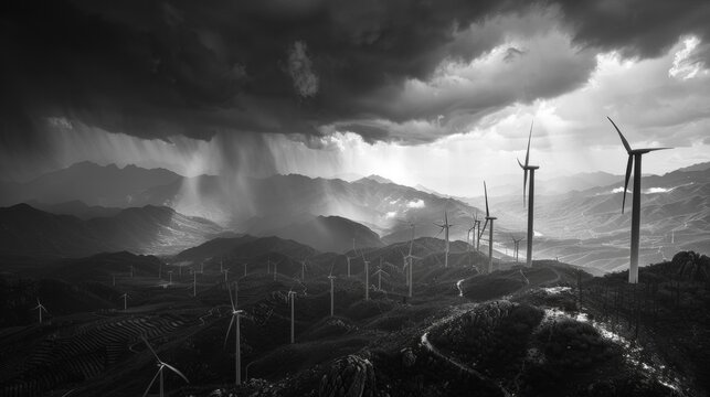 Wind turbines mountain range rain clouds