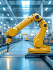 Yellow Robotic Arm Welding on Conveyor Belt