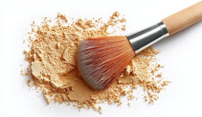 Makeup brush with soft powder residue on pristine white background, showcasing beauty tool for flawless application