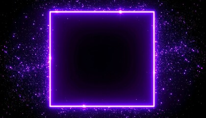 Glowing purple neon square frame on a dark background, surrounded by purple sparkles