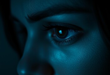 Sorrowful woman's eye with blurry reflection and dim, cool lighting