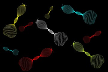 Colorful abstract line spirals in fluid symmetrical forms on black background, ideal for futuristic...