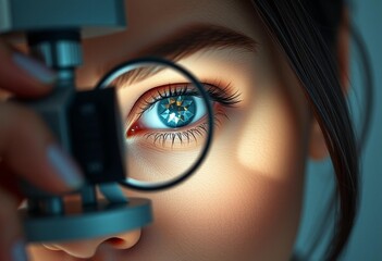Close-up of a female jeweler's eye looking at a diamond