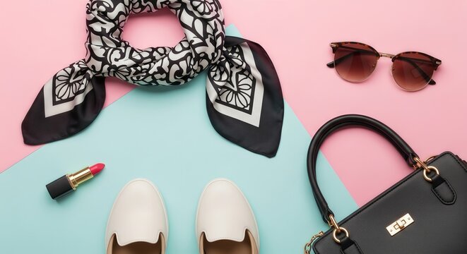 Fashion accessories flat lay on colorful backdrop
