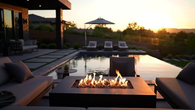 Luxurious Outdoor Living Featuring a Fire Pit and Infinity Pool at Sunset