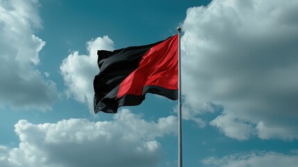 A black and red flag waving in the wind against a bright blue sky with fluffy white clouds creating a stark contrast of colors and shapes on a sunny day.