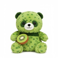 Cute green kiwi fruit teddy bear plush toy sitting and holding a kiwi on a white background
