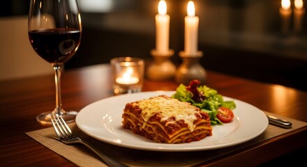 Elegant candlelit dinner with a delicious plate of homemade lasagna, fresh salad, and a glass of red wine for a romantic evening.