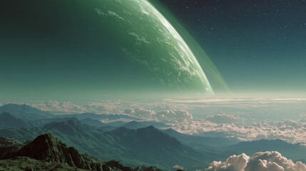 Liquid green exoplanet atmosphere, astrobiology diagram material, alien ecology art with glowing atmospheric layers.