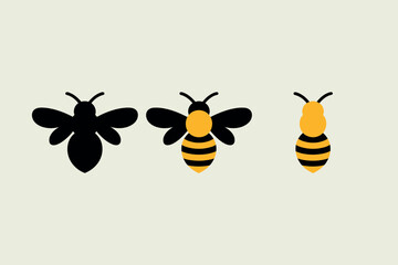 Three stylized bees in silhouette and color on a light background