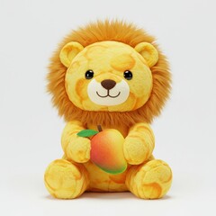 Adorable stuffed lion plush toy holding a fresh mango fruit isolated on a white background