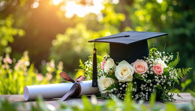 Graduation Ceremony: Cap, Diploma, and Flowers