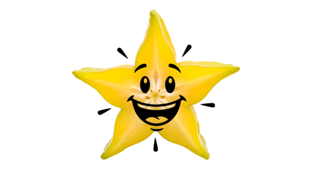Yellow Star Fruit Smiles Brightly on Transparent Background, Displaying Joy and Happiness
