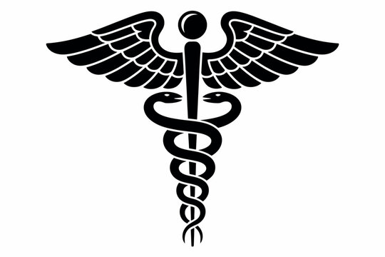Black caduceus medical symbol with wings and snakes