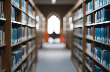 Fototapeta premium Blurred library background. Education, books, out of focus, abstract.
