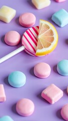 Candy Lollipop with Lemon Slice on Lavender Background Delicious Treat and Colorful Sugar Confectionery