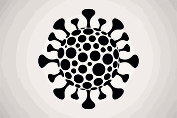 Stylized black and white illustration of a coronavirus particle