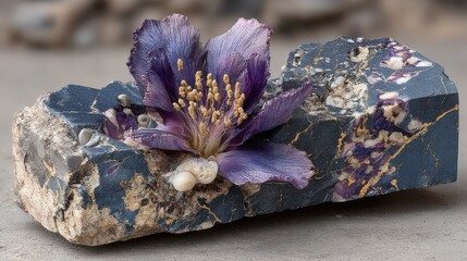 Petrified rainforest flower orchid purple tone, prehistoric plant science model, geological art material with preserved structural details.
