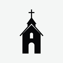 Simple black church icon with pointed steeple, cross, arched window, and door. Clean, symmetrical, minimalist design on white background. Perfect for logos, apps, and graphics.