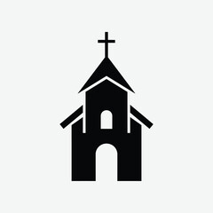 Simple black church icon with pointed steeple, cross, arched window, and door. Clean, symmetrical, minimalist design on white background. Perfect for logos, apps, and graphics.