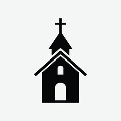 Simple black church icon with pointed steeple, cross, arched window, and door. Clean, symmetrical, minimalist design on white background. Perfect for logos, apps, and graphics.