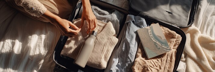 Organizing travel essentials in a packed suitcase
