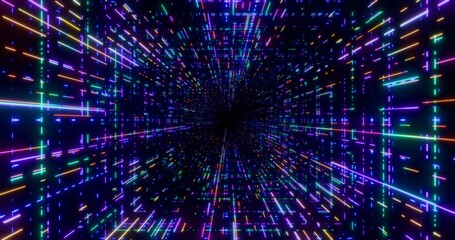 Futuristic glowing neon waving rays background. Shining geometric multicolor lines and grid inside corridor in perspective. Bright retro digital cyberspace. 3D rendering.