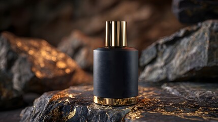 Luxury black and gold perfume bottle on rock background product shot