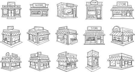 Fototapeta premium Hand-drawn illustrations of various store fronts for commercial design and branding projects