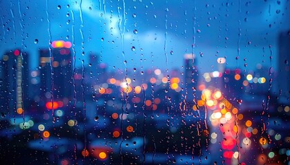Fototapeta premium Cityscape through Rainy Window with Bokeh Lights at Night