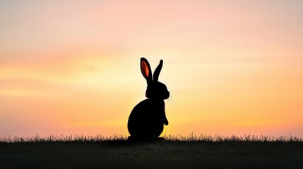 A captivating silhouette of an easter bunny stands peacefully on the grass against a beautiful pastel sunset sky, evoking a sense of sptime wonder and joy.