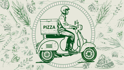 Illustration of a pizza delivery man on a scooter with pizza box in a circular floral background