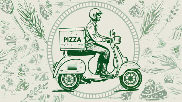 Illustration of a pizza delivery man on a scooter with pizza box in a circular floral background