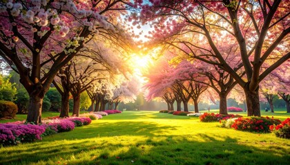 Blossoming cherry trees in vibrant spring park nature photography tranquil garden serene atmosphere scenic viewpoint