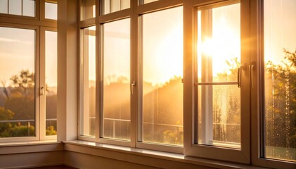 Large grid-paned window framing a sunlit outdoor view with trees and greenery, warm golden light filtering through, complemented by a peaceful interior featuring wooden floors and a potted plant.