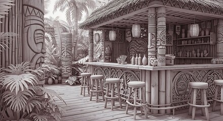 A vintage monochrome illustration of an empty tiki bar on a tropical island with bamboo furniture and carved poles