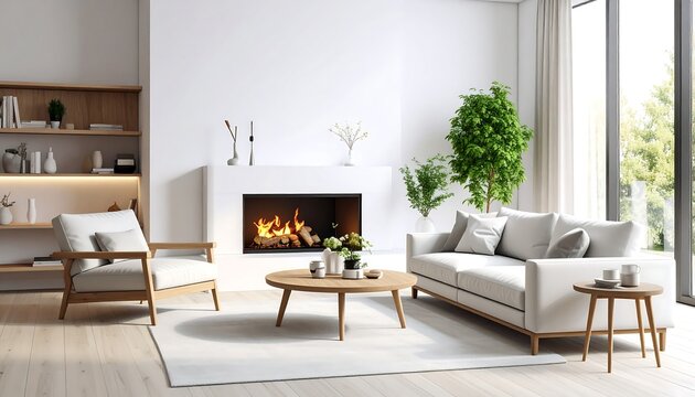 Minimalist living room with fireplace, light wood furniture, and large window - Powered by Adobe