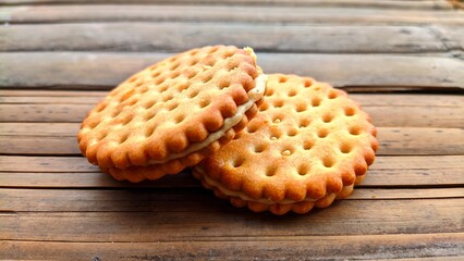 Cookies with peanut butter filling on a bamboo background